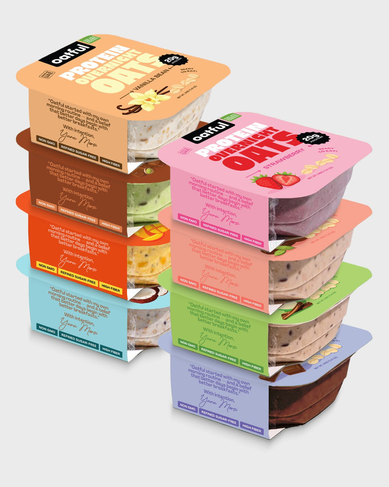 Stack of Oatful ready-to-eat protein overnight oats pots in different flavours